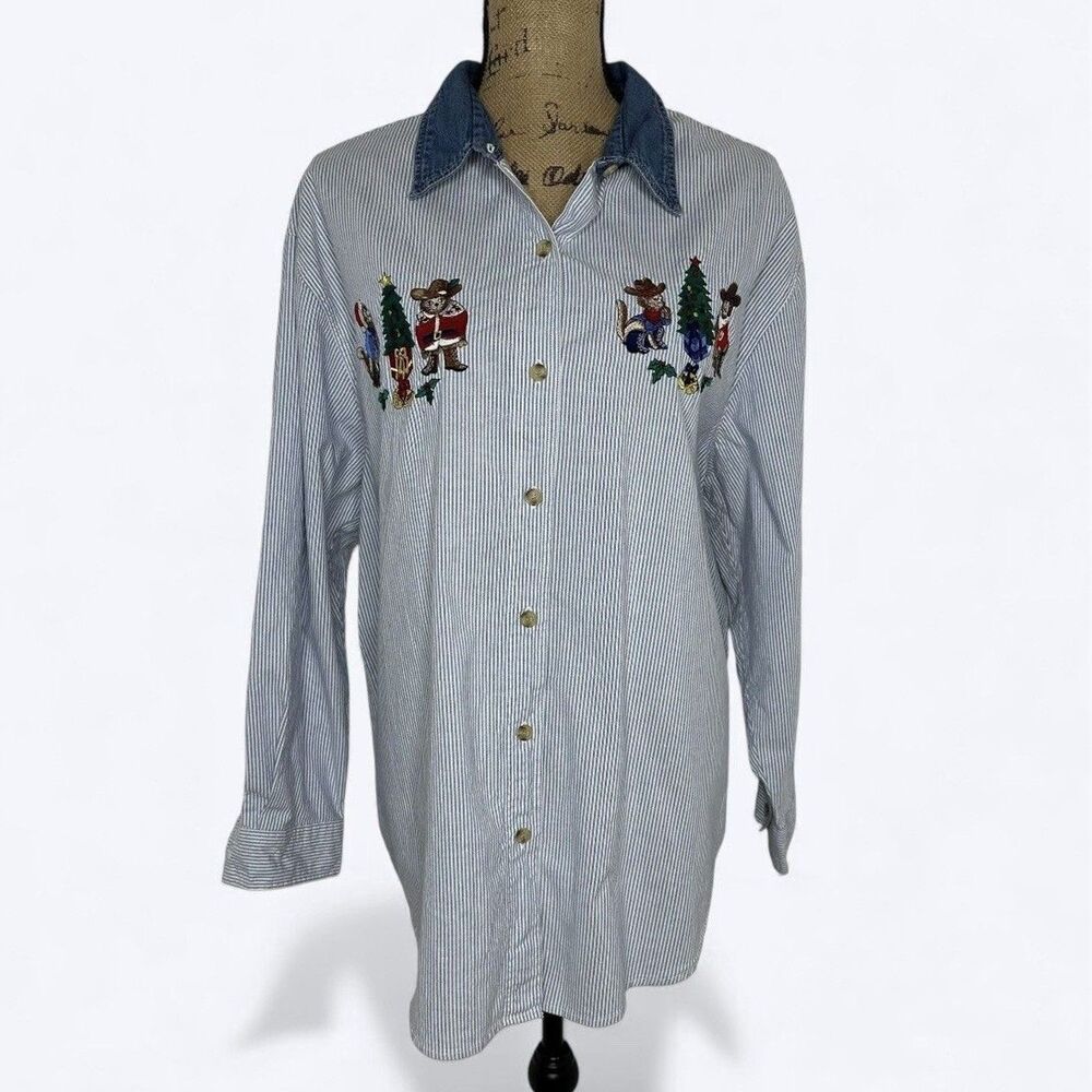 Vtg Nutcracker Button Front Top Sz‎ 20W Ugly Christmas Embroidered Cats Grandma